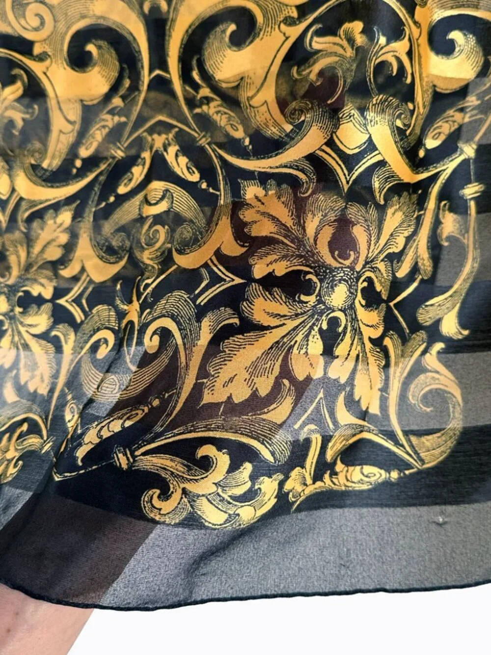 Vtg C.Webb Italy Scarf Baroque Black Gold White Sheer Silk Satin Hand Rolled 90s